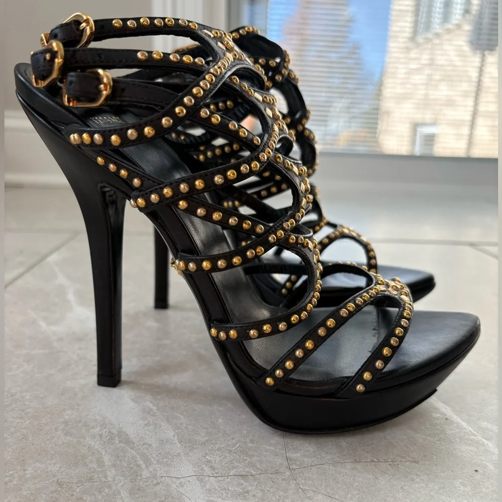 Versace Black Heels with Gold Studs - Picture 3 of 8